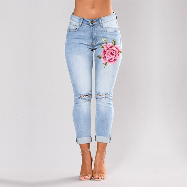 Stretch Embroidered Jeans For Women Elastic Flower Jeans Female Slim Denim Pants Hole Ripped Rose Pattern Jeans Pantalon Femme