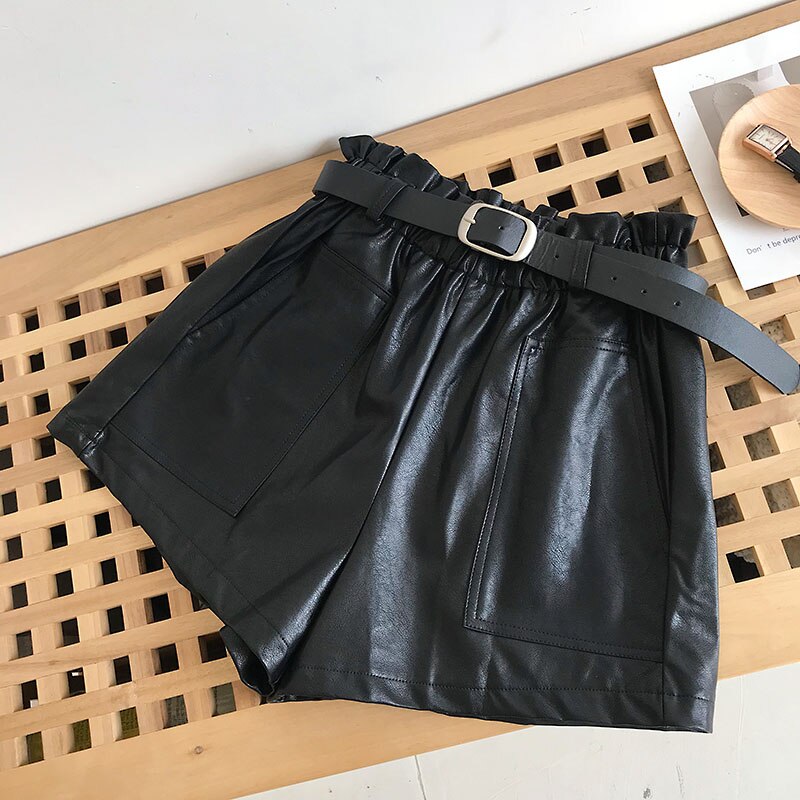 Flectit Women Paperbag Leather Shorts With Belt Front Pocket Fall Winter Faux Leather Wide Leg High Waist Shorts Khaki Outfit *