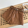 Flectit Women Paperbag Leather Shorts With Belt Front Pocket Fall Winter Faux Leather Wide Leg High Waist Shorts Khaki Outfit *