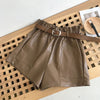 Flectit Women Paperbag Leather Shorts With Belt Front Pocket Fall Winter Faux Leather Wide Leg High Waist Shorts Khaki Outfit *