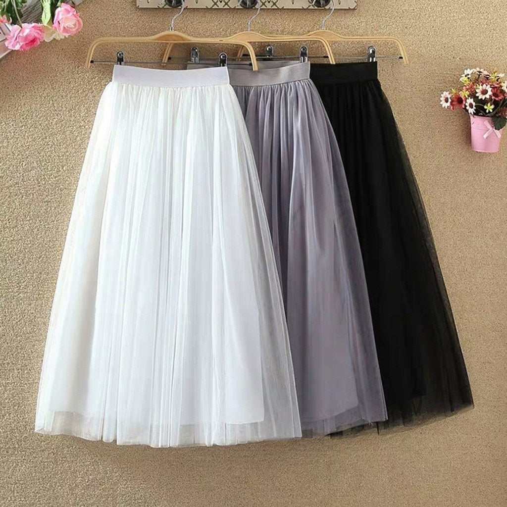 Fashion Womens Pleated Tulle Mesh Elastic High Waist Casual A-Line Long Skirts Dropshipping 2020 winter fashion Retro trend size