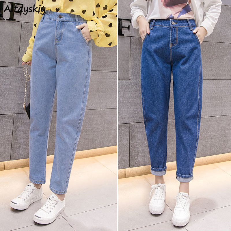 Jeans Women Solid Denim Blue All-match Casual Student Straight Pockets Plus Size Womens Trousers Fashion Harajuku Chic Females