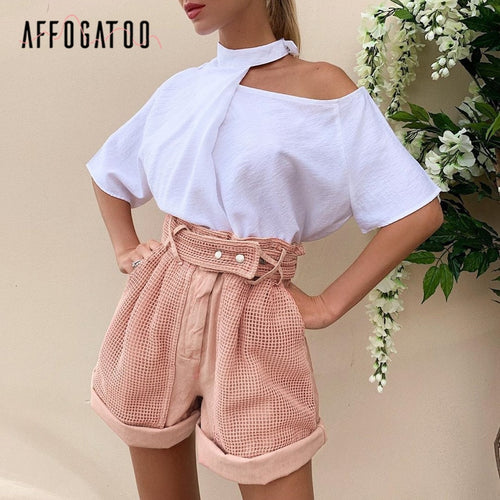 Affogatoo Casual summer pink shorts women Elegant Hollow out spring shorts Vintage party fashion holiday ladies bottom shorts