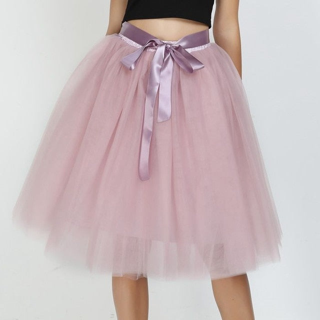 6Layers 65cm Fashion Tulle Skirt Pleated Tutu Skirts Womens Lolita Petticoat Bridesmaids Vintage Midi Skirt Jupe Saias faldas