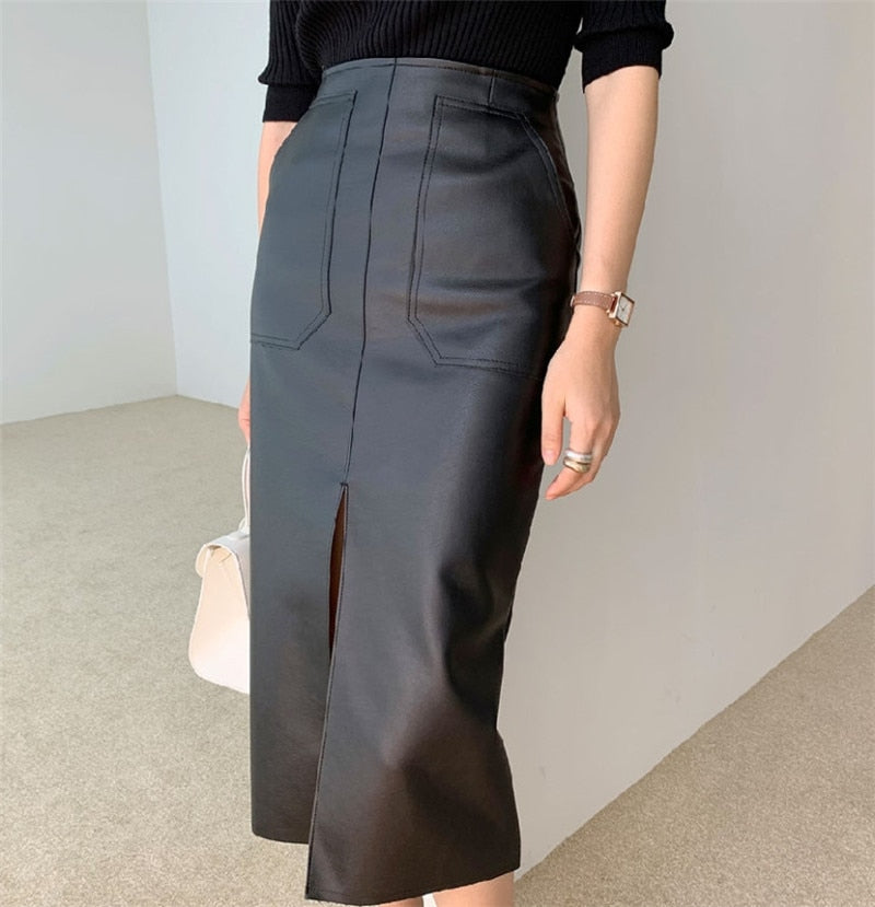 New 2020 Spring Women PU Leather Skirts High Waist Pockets Package Hip Skirt Female Front Split Zipper Midi Pencil Skirts