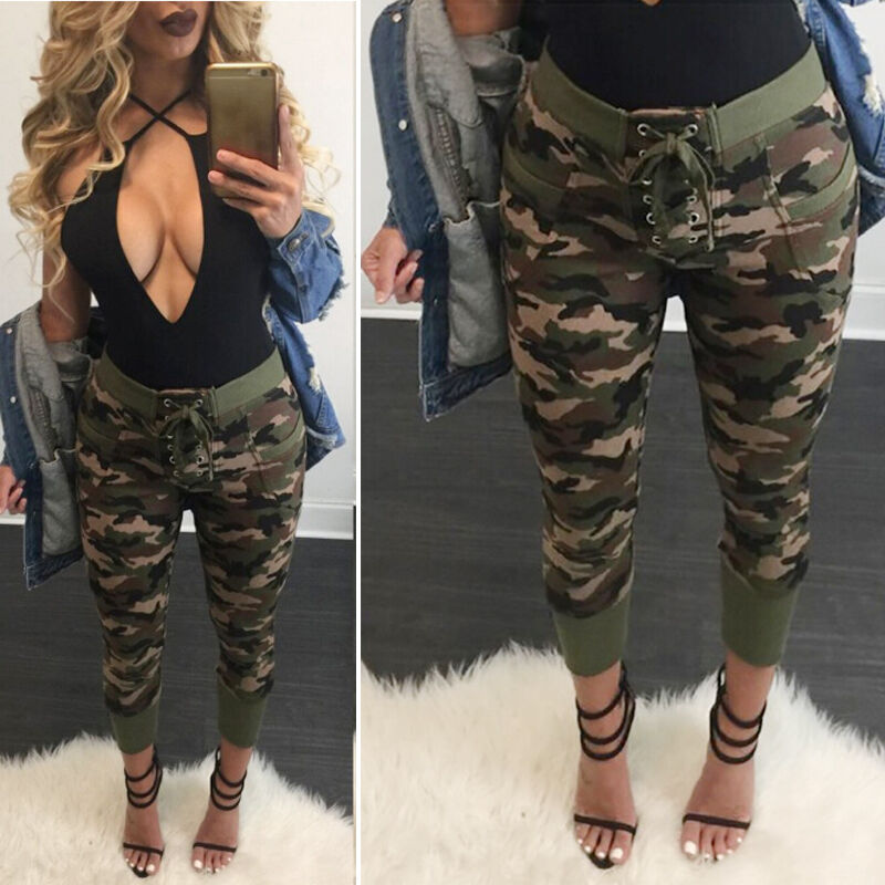 Sexy Women Camouflage Skinny Jogger Bandage Stretch Slim Military Army Combat Pencil Pants Trousers with Pockets