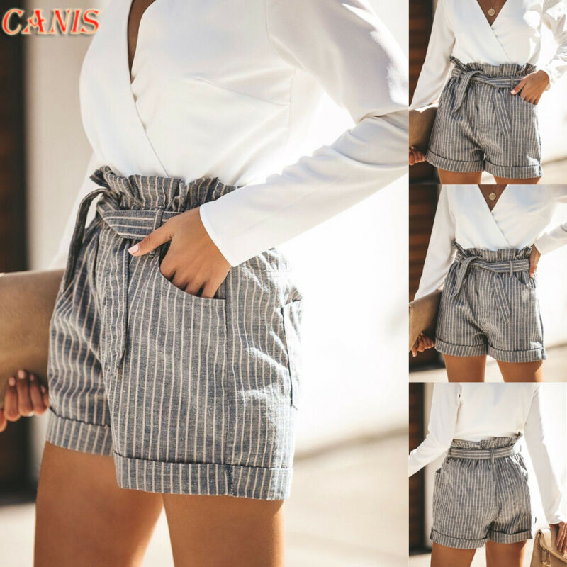 2019 Womens Striped High Waist Shorts Bandage Pockets Ladies Summer Casual Beach Mini Shorts Streetwear S-XL