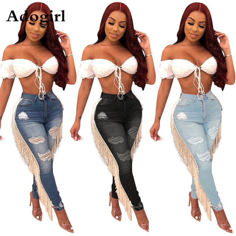 Adogirl Woman High Waist Ripped Hole Out Tassel Pencil Jeans Woman Zipper Fly Street Hipsters Outfits Hollow Out  Skinny Pants