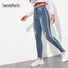 SweatyRocks Stripe Side Ripped Skinny Jeans Leisure Stretchy Long Denim Pants 2019 Spring Women Streetwear Casual Blue Jeans