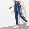 SweatyRocks Stripe Side Ripped Skinny Jeans Leisure Stretchy Long Denim Pants 2019 Spring Women Streetwear Casual Blue Jeans