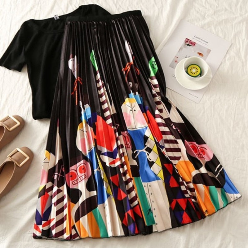 2019 Summer Women Long Pleated Skirt Plus Size Cartoon Print White Black Pleated Skirt Elastic Casual High Waist Skirt