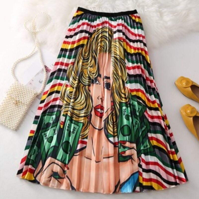 2019 Summer Women Long Pleated Skirt Plus Size Cartoon Print White Black Pleated Skirt Elastic Casual High Waist Skirt