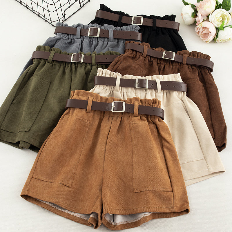 Vintage Wide Leg Shorts Women Fashion Casual High Waist Pocket With Sashes Black Khaki Trouser Hrarjuku Autumn Winter Bottoms