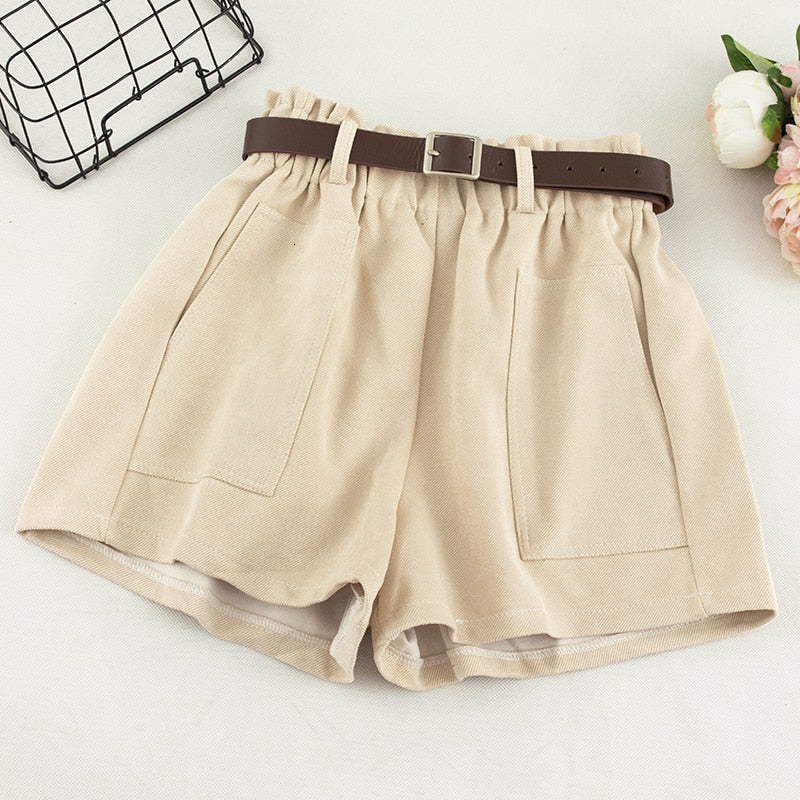 Vintage Wide Leg Shorts Women Fashion Casual High Waist Pocket With Sashes Black Khaki Trouser Hrarjuku Autumn Winter Bottoms