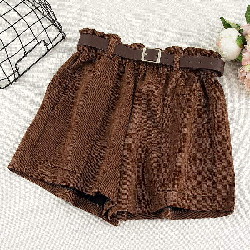 Vintage Wide Leg Shorts Women Fashion Casual High Waist Pocket With Sashes Black Khaki Trouser Hrarjuku Autumn Winter Bottoms