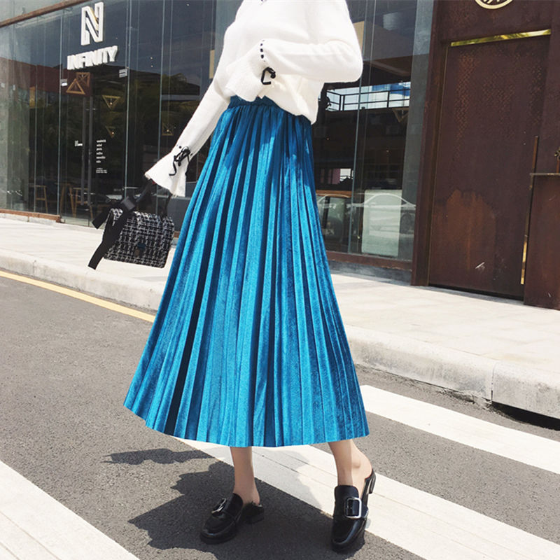 High Waist velvet Pleated skirt women Autumn Winter Vintage black skirt womens 2019 Long Silver Maxi Elascity Casual Party Skirt