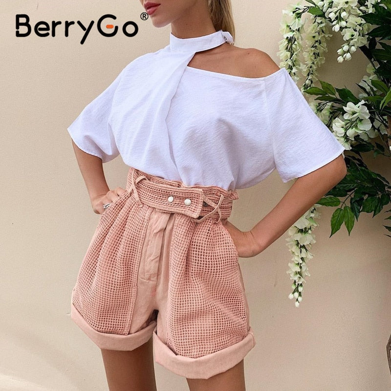 BerryGo Casual pink women high waist shorts Hollow out button cotton shorts 2020 Spring summer party ladies short sexy shorts