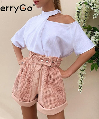 BerryGo Casual pink women high waist shorts Hollow out button cotton shorts 2020 Spring summer party ladies short sexy shorts
