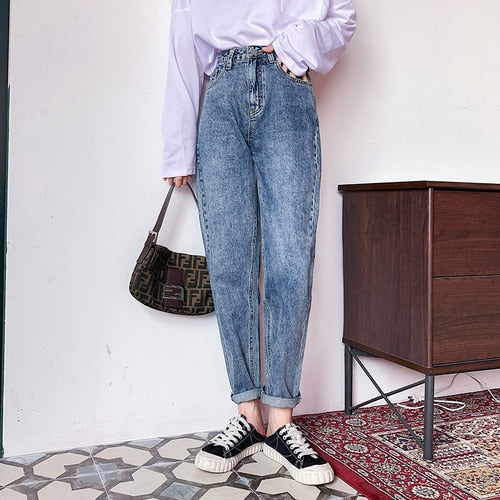 Vintage Harem Jeans Women Blue High Waist Denim Pants Mujer Mom Boyfriend Straight Jeans Autumn Spring 2019 Denim Jeans