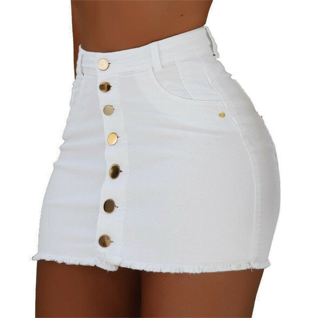 Brand New Women Stretch High Waist Solid Skirt Summer Button Denim Solid Short Mini Jeans Denim Pencil Skirts