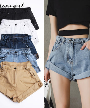 Bermuda girl Short en jean blanc femme jean court kaki jambe large taille élastique Vintage taille haute Short femme été