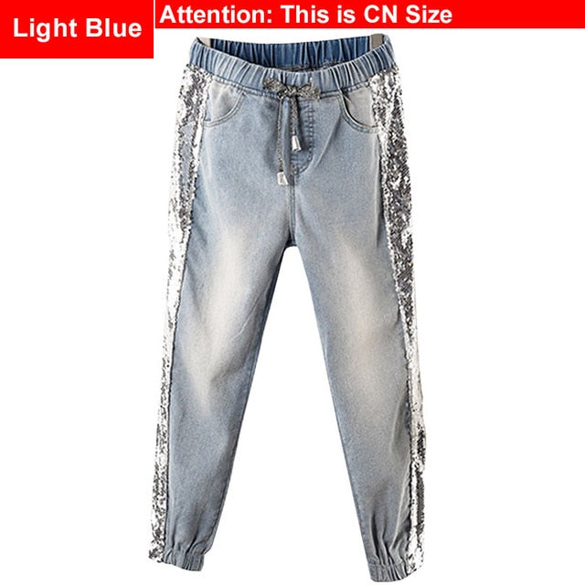 Plus Size Side Sequins Ankle Length Jogger Jeans 3Xl 4Xl Spring Summer Chi Lady Light Blue Elastic Waist Capris Jean Denim Pants