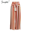 Simplee Split striped lady wide leg pants women Summer beach high waist trousers Chic streetwear sash casual pants capris female