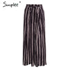 Simplee Split striped lady wide leg pants women Summer beach high waist trousers Chic streetwear sash casual pants capris female