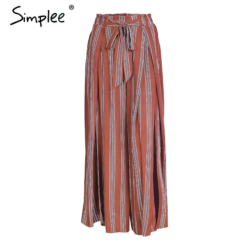 Simplee Split striped lady wide leg pants women Summer beach high waist trousers Chic streetwear sash casual pants capris female