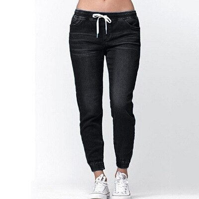 Laamei Spring Washed Jeans Women Solid Drawstring Straight Jeans Pants Femme Summer Fashion Vintage Slim Feet Denim Pants