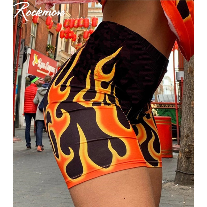 Rockmore Fire Flame Print Streetwear Shorts Women Bodycon Biker Cycling Shorts Harajuku Skinny Mini Short Pants Sweat Pants Fall