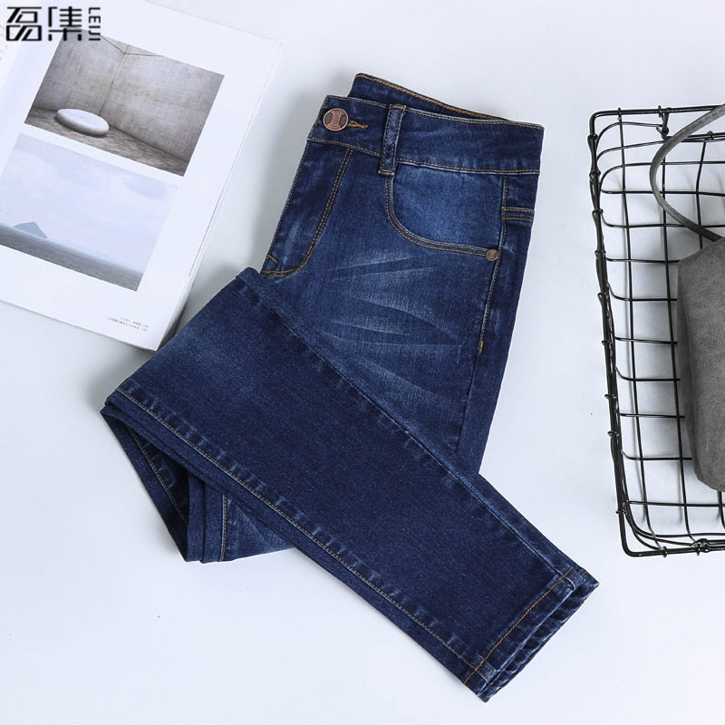 Jeans  for woman  high waist plus  size  full Length skinny pencil black blue Denim pants 100kg