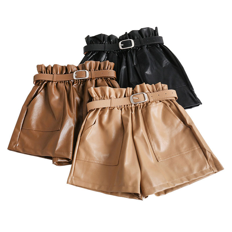 Elastic High Waist Loose PU Leather Shorts Women England Style Sashes Wide Leg Short Ladies Sexy Leather Shorts Autumn Winter