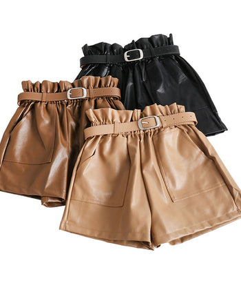 Elastic High Waist Loose PU Leather Shorts Women England Style Sashes Wide Leg Short Ladies Sexy Leather Shorts Autumn Winter