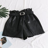 Elastic High Waist Loose PU Leather Shorts Women England Style Sashes Wide Leg Short Ladies Sexy Leather Shorts Autumn Winter