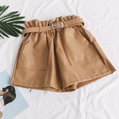 Elastic High Waist Loose PU Leather Shorts Women England Style Sashes Wide Leg Short Ladies Sexy Leather Shorts Autumn Winter