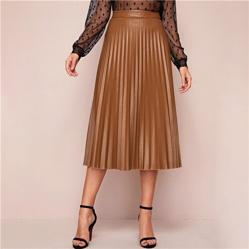 SHEIN Camel Solid Pleated Elegant Leather Skirt Women Bottoms 2020 Spring High Waist Streetwear Zipper Ladies Midi Skirts