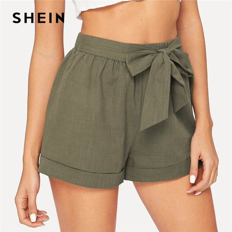 SHEIN auto ceinture taille élastique Shorts Fitness Swish femmes armée vert solide taille moyenne Shorts 2019 mode été Shorts