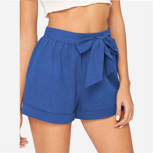 SHEIN auto ceinture taille élastique Shorts Fitness Swish femmes armée vert solide taille moyenne Shorts 2019 mode été Shorts