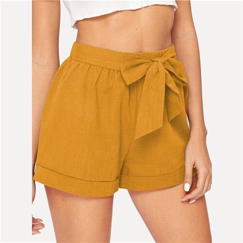 SHEIN auto ceinture taille élastique Shorts Fitness Swish femmes armée vert solide taille moyenne Shorts 2019 mode été Shorts