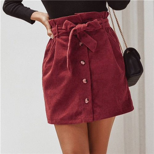 SHEIN Solid Button Front Casual Corduroy Skirt With Belt Womens Spring Paperbag Waist Streetwear Pocket Ladies Mini Skirts