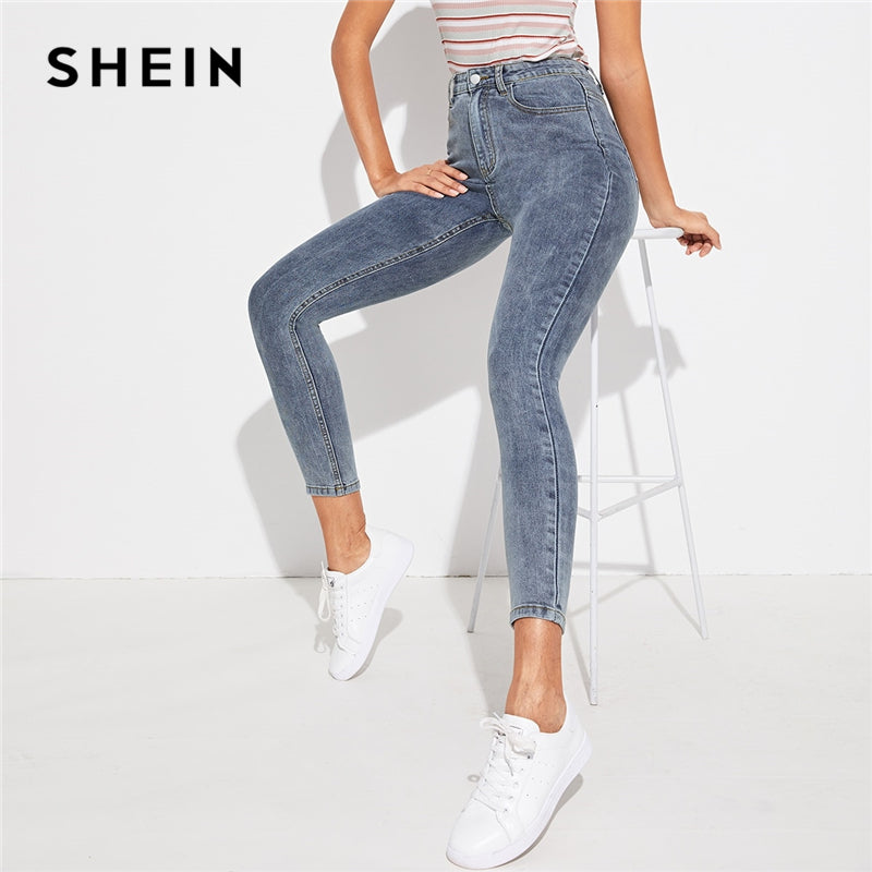 SHEIN gris veste pour homme lavage à l'eau de javel maigre jeans décontractés femmes bas 2019 automne Streetwear taille moyenne boutonné Denim pantalon