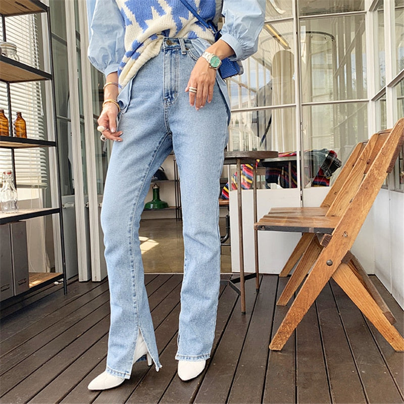 2019 Autumn Fashion Women High Waist Denim Jeans Straight Jeans Side Split Jeans Vintage Female Long Capri Pants