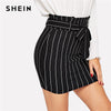 SHEIN Black and White Paperbag Waist Belted Pinstripe Bodycon Skirt Women Summer Casual Workwear Office Lady Mini Pencil Skirts