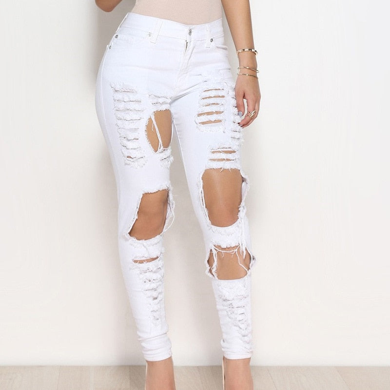 High Waist Trim Stretch Hole Tear Personality Jeans Street Casual Women Skinny Pencil Bleached Washed Denim Pants Ripped Elastic