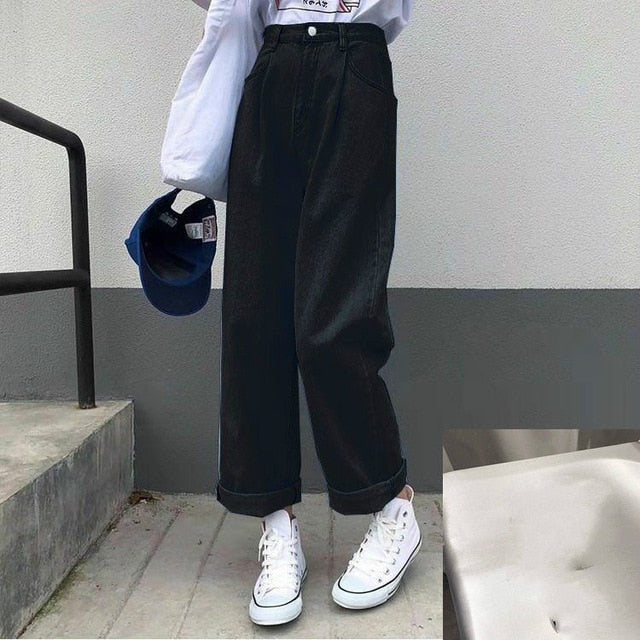 Jeans Women Solid Vintage High Waist Wide Leg Denim Trousers Simple Students All-match Loose Fashion Harajuku Womens Chic Casual