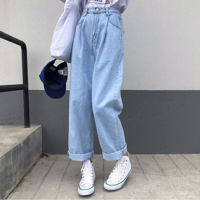 Jeans Women Solid Vintage High Waist Wide Leg Denim Trousers Simple Students All-match Loose Fashion Harajuku Womens Chic Casual