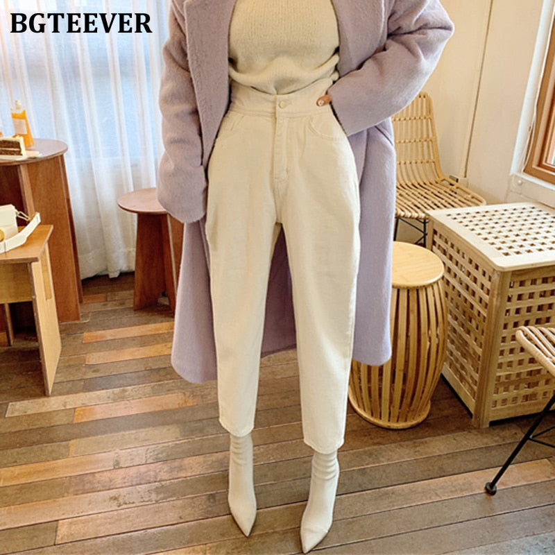 BGTEEVER Women Harem Jeans Pants Fashion High Waist Loose White Denim Jeans Female Buttons Trousers Spring 2020 Streetwear