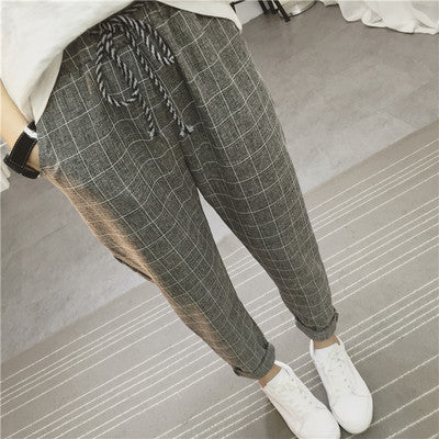 Women's Pants 2019 New Summer Casual Loose Harem Pants Cotton Linen Plaid Capris Grid Spring Literary Trousers Sarouel Femme