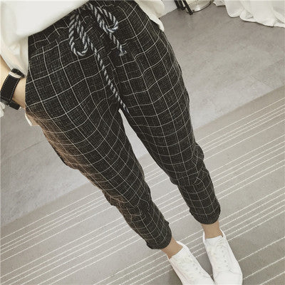 Women's Pants 2019 New Summer Casual Loose Harem Pants Cotton Linen Plaid Capris Grid Spring Literary Trousers Sarouel Femme